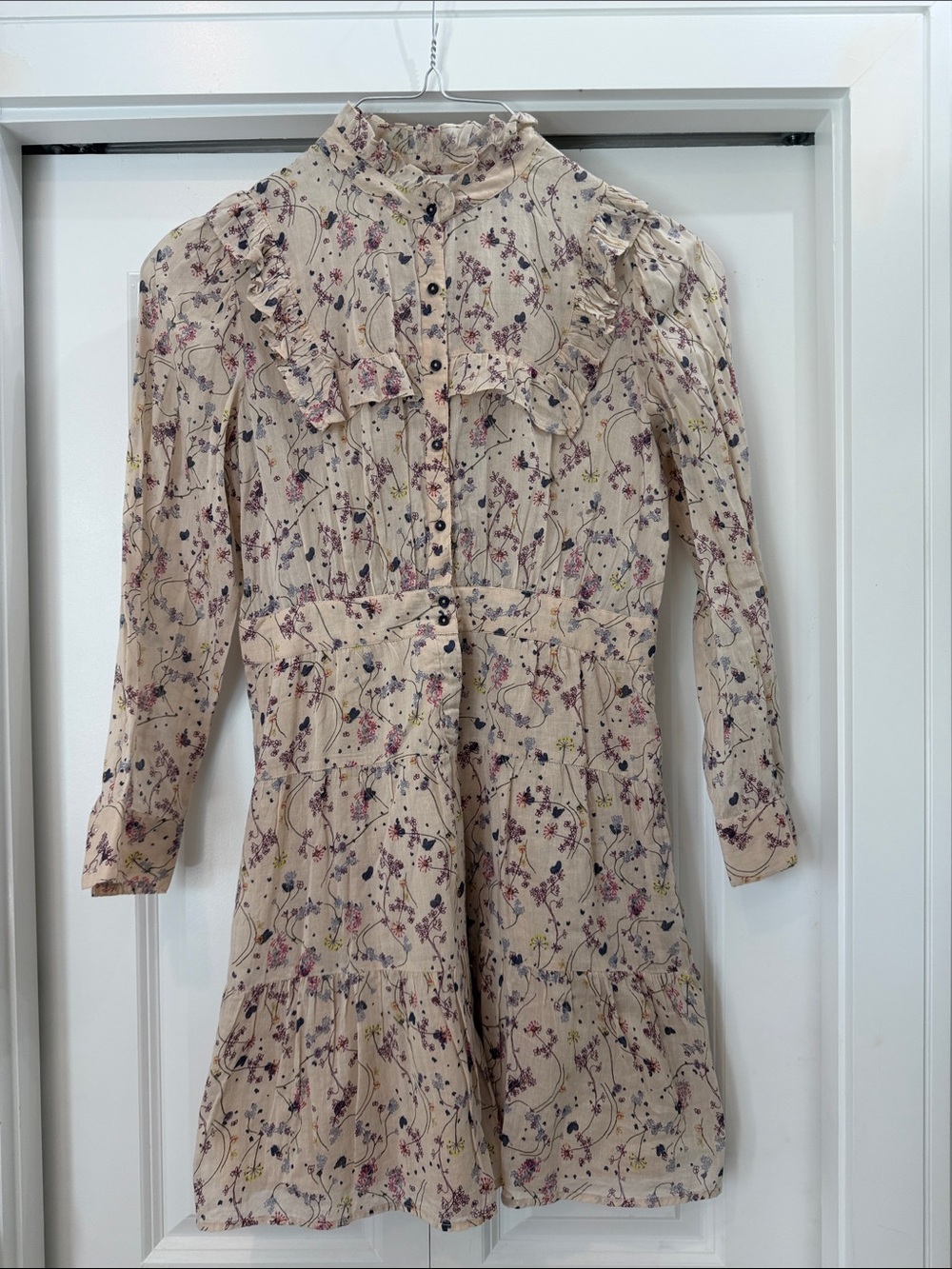 ba&sh Cream Floral Ruffle Long-Sleeve Dress
